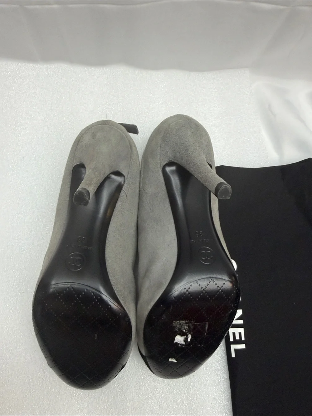 CHANEL Grey Suede Ankle Boots with Black Cap-Toe and Logo